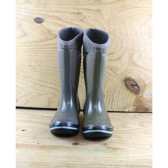 Bogs Boots Womens 7 Gray Green Plaid Prince Of Wales Rain Boots Tall Pull On - Picture 2 of 7